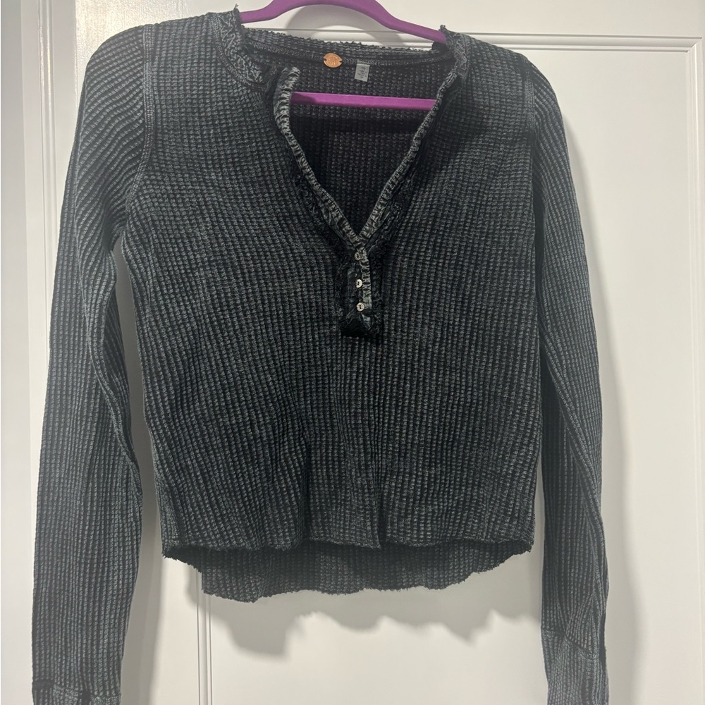 Free People Black Ribbed Long Sleeve Top